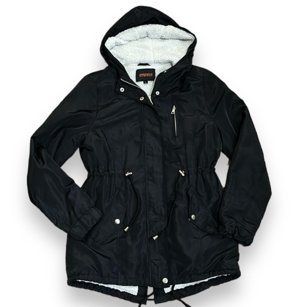Ambiance Outerwear Women's Small Black Jacket Faux Fur Lined Hood Cinched Waist